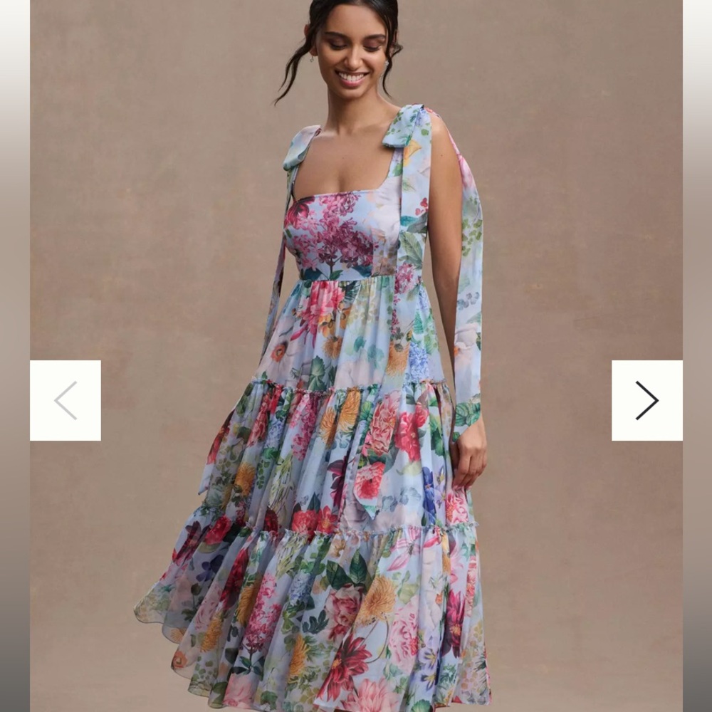 Anthropologie Geisha Designs Light Blue Multicolor Floral Tiered Midi Dress